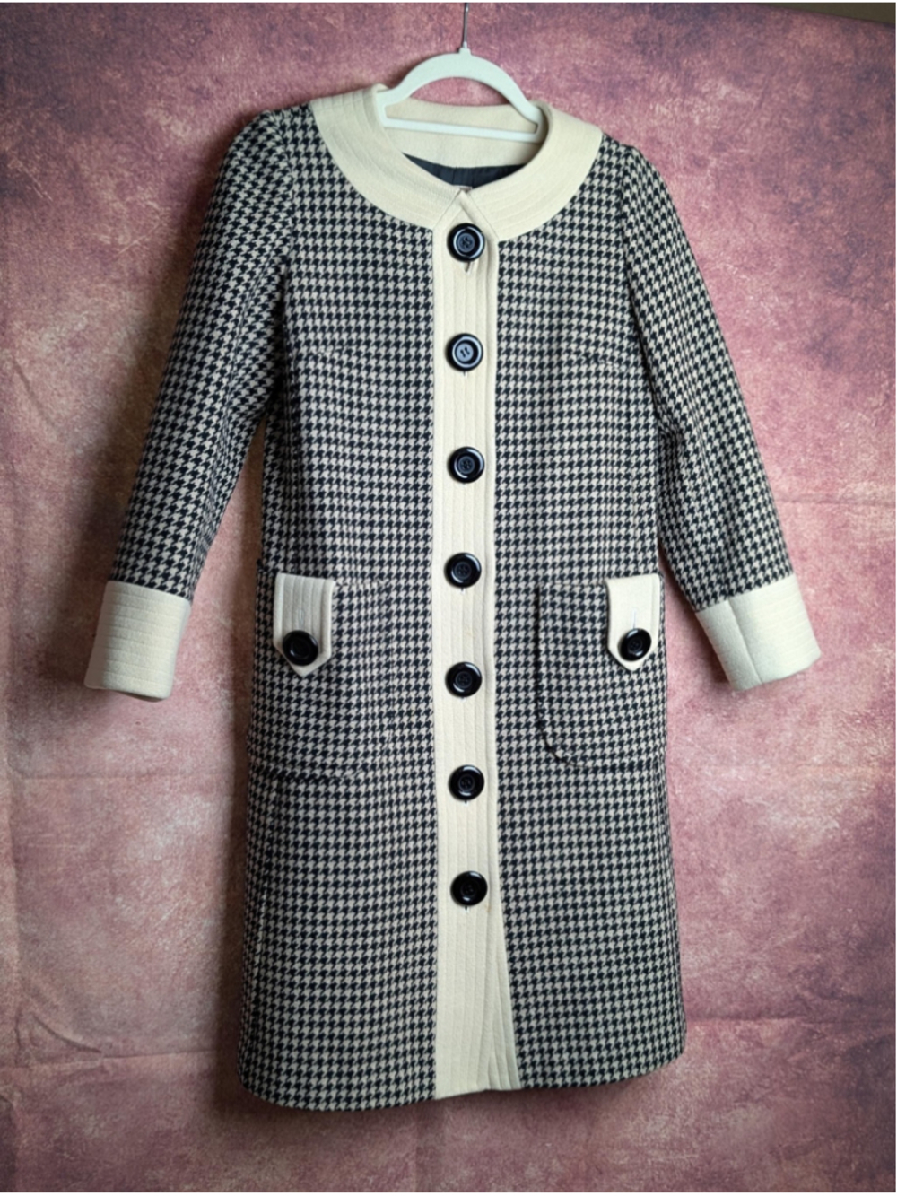 Vintage 2000s Reneevon London Houndstooth Coat Black Cream Korean Designer Long